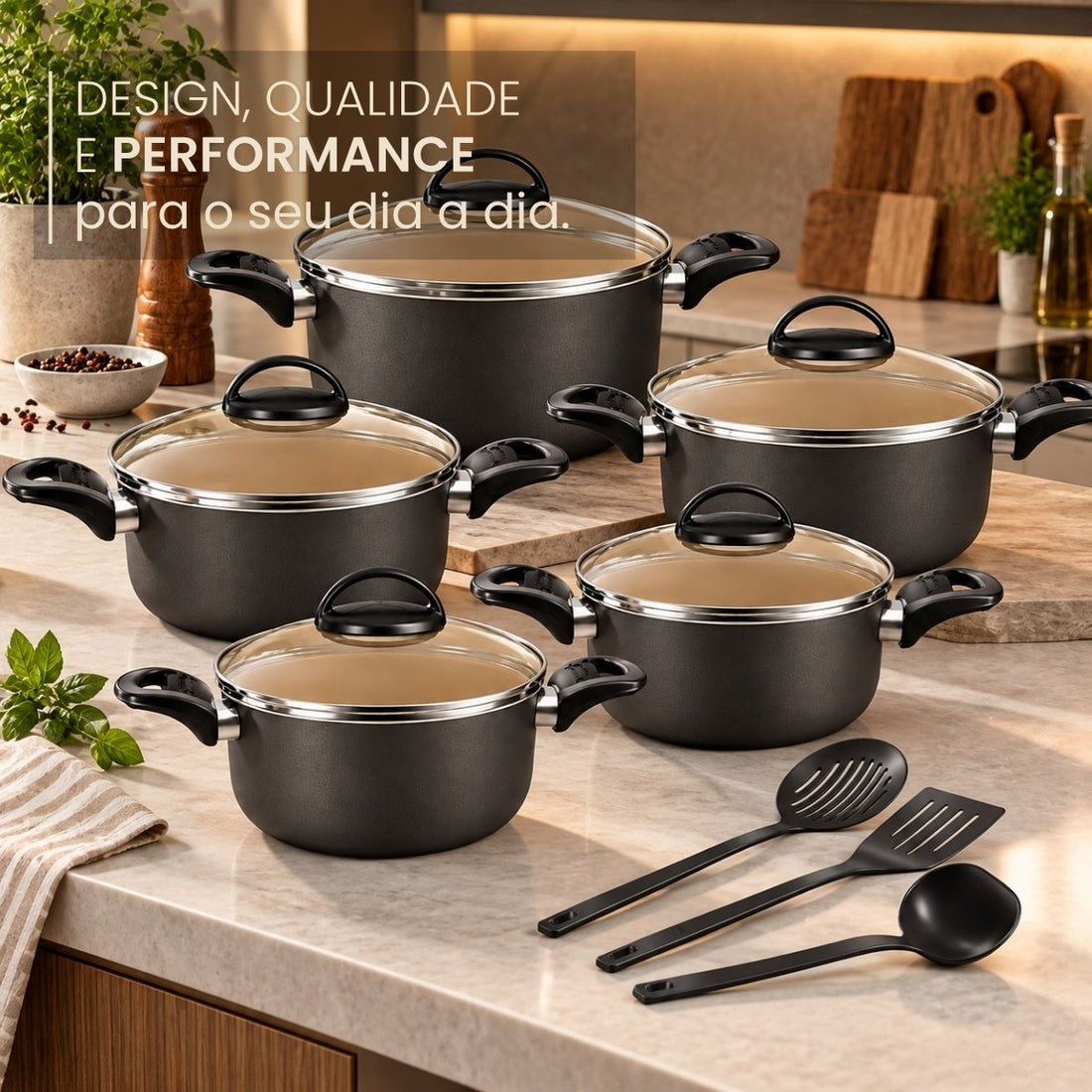 Conjunto De Panelas Caçarolas 5 Peças Preto Bege Antiaderente Com 3 Utensilios E Tampa De Vidro