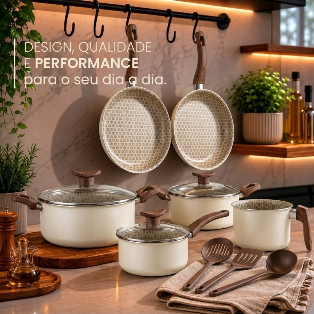 Jogo de 11 Peças Ivory + Panela de pressão 4,3L | Antiaderente | Fogão a Gás | Firenze