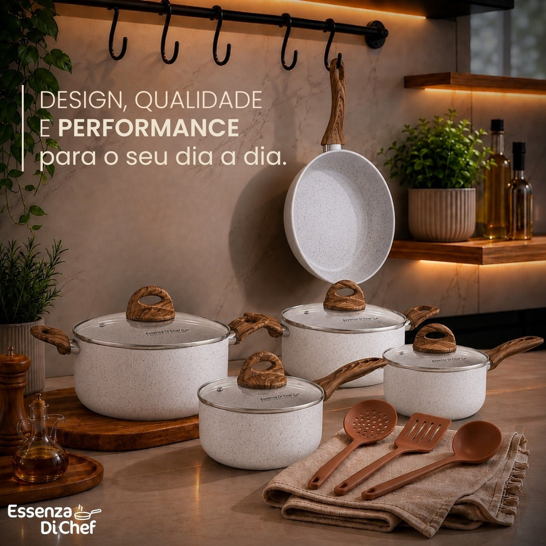 Jogo de Panelas 08 Peças | Cerâmica Antiaderente | Todos os Fogões | Linea Fava | Essenza Di Chef