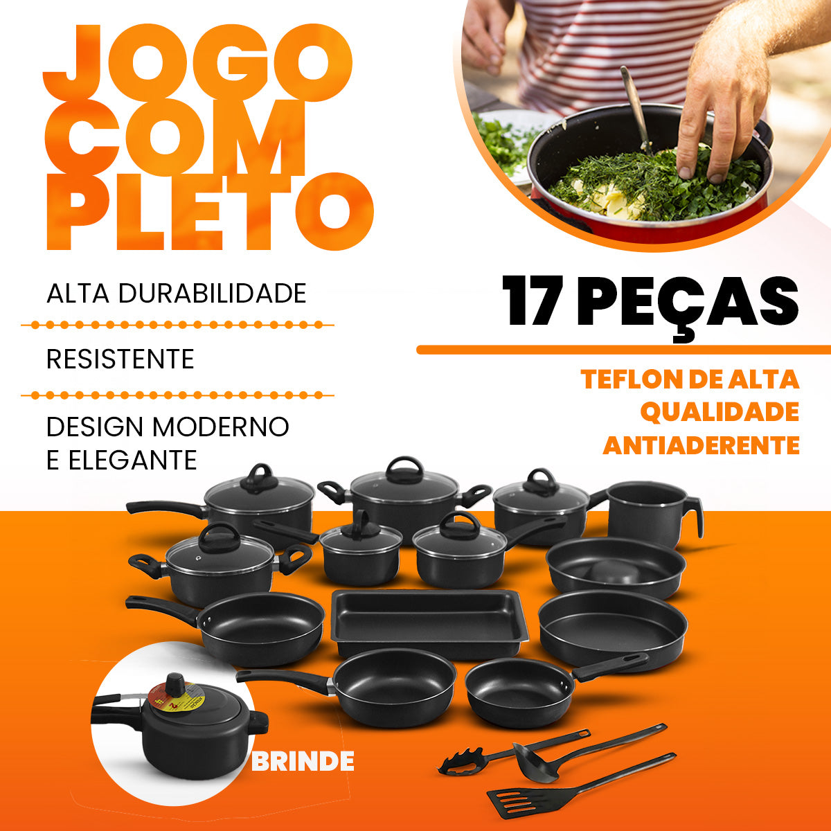 Conjunto De Panelas Antiaderente 17 Peças  - Preto