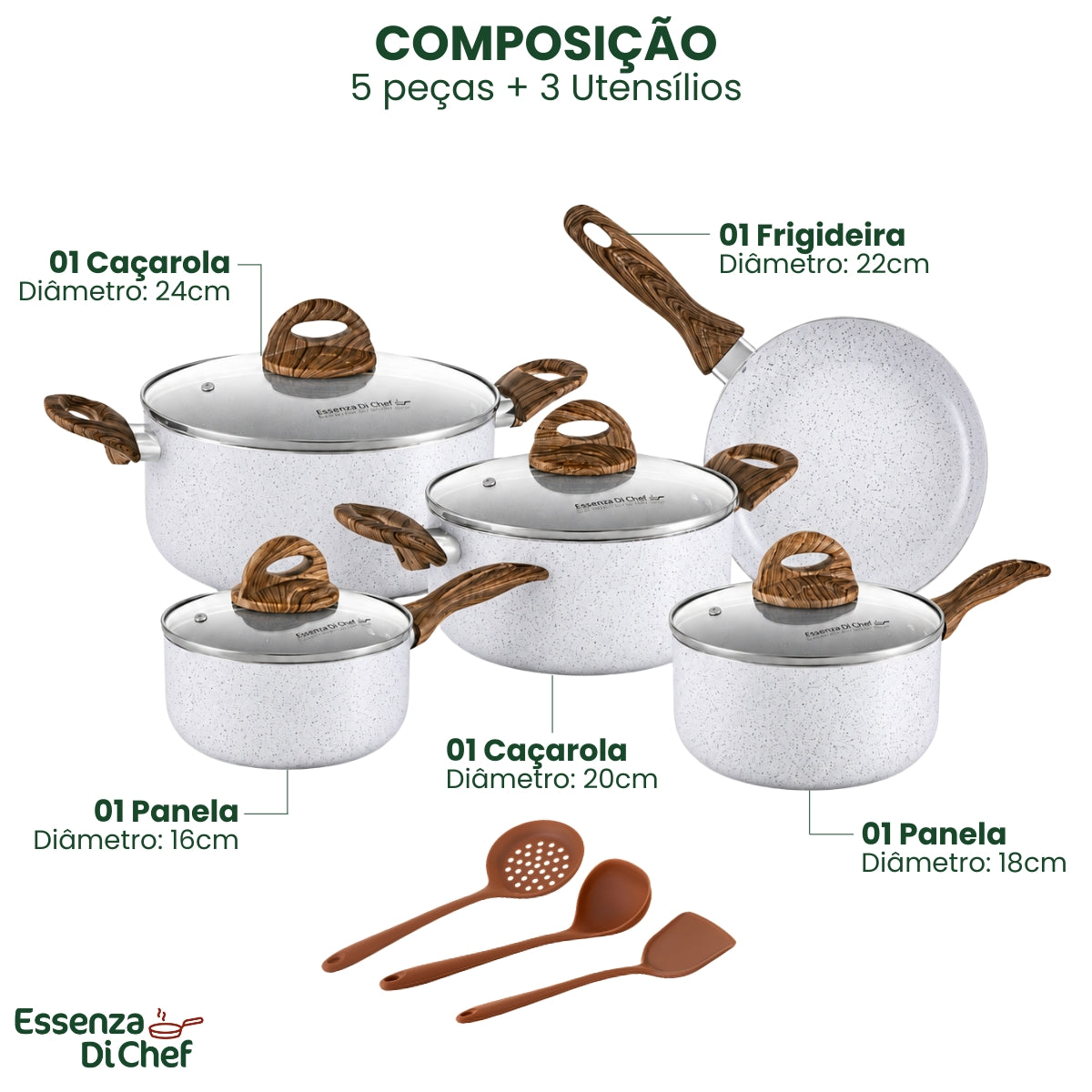 Jogo de Panelas 08 | Peças Cerâmica | Linha Fava | Essenza Di Chef