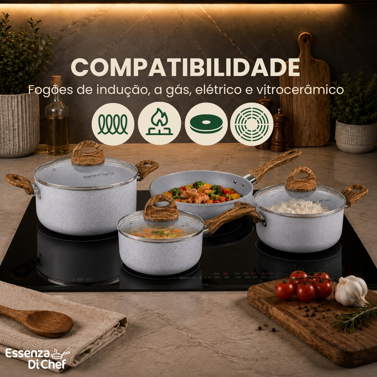 Jogo de Panelas 08 | Peças Cerâmica | Linha Fava | Essenza Di Chef