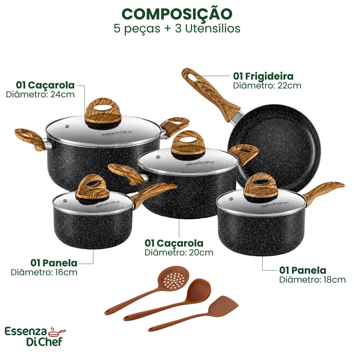 Jogo de Panelas 08 Peças | Cerâmica | Linha Stellato | Essenza Di Chef