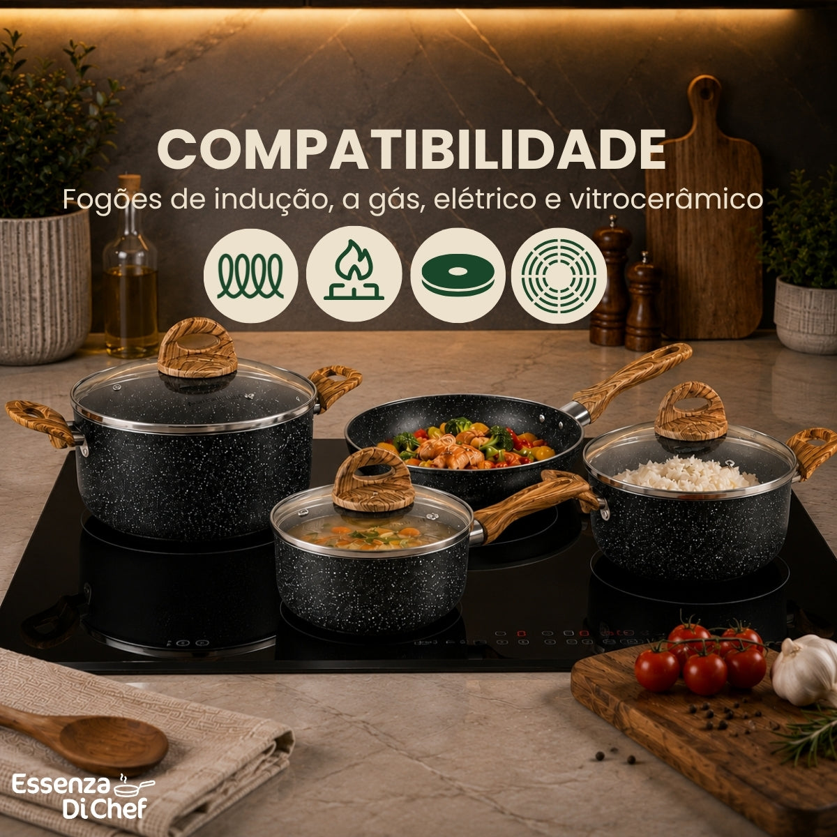 Jogo de Panelas 08 Peças | Cerâmica | Linha Stellato | Essenza Di Chef