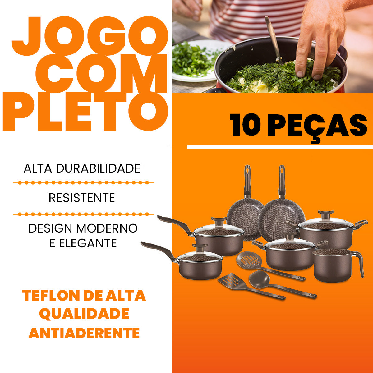 Conjunto Panelas Antiaderente 10 Peças Prime Alumínio - Marrom Escuro